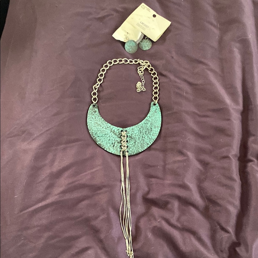 Teal Blue and Silver Statement Necklace/Earrings with Fringe